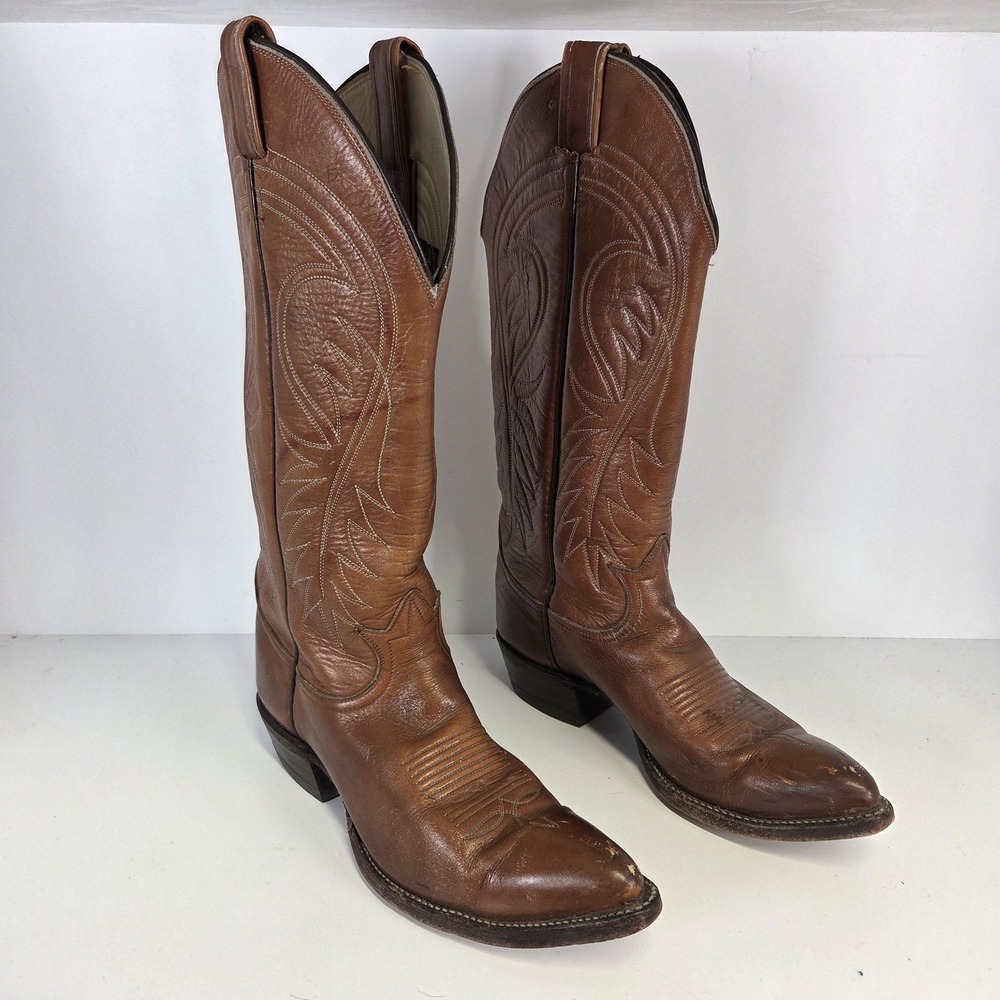 Vintage Tony Lama Boots Mens 7 Brown Leather Western Cowboy Pointed Toe Classic
